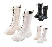 Bottes d'équitation à lacets pour filles - Bottes mi-mollet blanches - Bottes montantes de combat en cuir PU - Imperméables - Automne et hiver - Fermeture éclair latérale - Style punk gothique - Mode