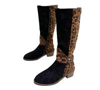 Bottes d'équitation décontractées à imprimé léopard pour femme, mollet large pour l'automne et l'hiver, chaussures tendance à talon bas pour un usage quotidien, Noir , 37 EU