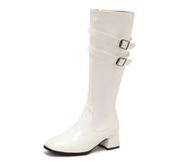 Bottes d'équitation montantes pour femme, doublées de fourrure, confortables, bout carré, talon bloc bas, chaussures de fête décontractées pour l'hiver, blanc, 40 EU