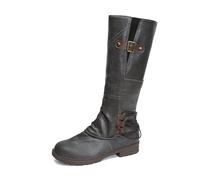 Bottes d'équitation pour femme avec boucle et détails en dentelle, bottes hautes à talon bas plat pour femme, design confortable à bout rond, panneau latéral élastique, coutures rétro, semelle