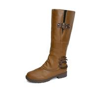 Bottes d'équitation pour femme avec boucle et détails en dentelle, bottes hautes à talon bas plat pour femme, design confortable à bout rond, panneau latéral élastique, coutures rétro, semelle