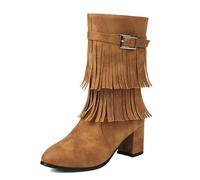 Bottes d'équitation western à franges mi-mollet pour femme - Confortables - Bout rond - Talon bloc - Chaussures d'hiver avec fermeture éclair latérale, marron, 39 EU
