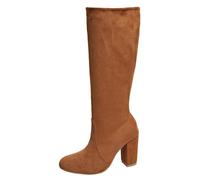 Bottes d'été pour femme en daim mat, bout rond, talon bloc simple, cuir synthétique léger, respirant, tige extensible pour mollets larges, trois couleurs marron, noir, beige, marron, 37.5 EU
