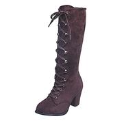 Bottes d'hiver à lacets pour femme - Couleur unie - En daim - Antidérapantes - Avec talons hauts - Talon bloc - Bottes d'hiver mi-hautes - Bottes à enfiler - Automne et hiver, marron, 38 EU