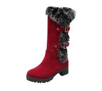 Bottes d'hiver chaudes en fourrure, boucle de ceinture, semelles épaisses, bottes mi-mollets avec talons épais, rouge, 42 EU
