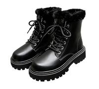 Bottes d'hiver en cuir à lacets doublées pour femme | Bottes de neige chaudes à plateforme - Bottes de combat à bout rond - Bottes thermiques antidérapantes avec talon bloc