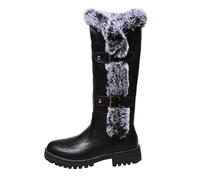 Bottes d'Hiver Femme Cuir À Bout Rond Talon Bas Bottes Mi-Mollet De Neige Fausse Fourrure Boucle Rétro Élégantes Semelle Antidérapante Chic Chaussures Automne Hiver 39