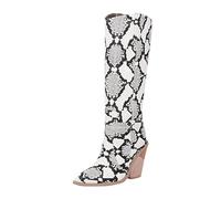 Bottes d'hiver hautes avec magnifique imprimé bottes au genou robustes pour femme avec talon gros et bout empilé, bottes de pluie colorées basses, Blanc, 37 EU