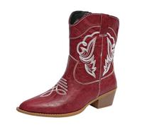 Bottes d'hiver mollets larges pour femme, bottes d'hiver en cuir, talon bloc antidérapant, grandes bottes d'hiver à talon épais, bottes brodées au mollet, rouge, 38 EU