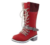 Bottes d'hiver pour femme - Imperméables - Doublure chaude - Couleur pure - Talon bas - Bottes à lacets - Mode - Ceinture à boucle - Chaussures de randonnée - Antidérapantes - Chaussures de trekking