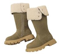 Bottes d'Hiver pour Fille en Polaire Unie, Fermeture Éclair Latérale, Botte Chaudes Western pour Filles, Botte d'Équitation à Pliable et Talon Moyen, pour Enfants et Adolescents (Khaki, 9.5-10 Years)