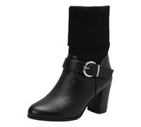 Bottes en Caoutchouc Femmes en Laine Tricoté Chaude Couleur Unie Casual Talon Grosse Boucle de Ceinture à Manches Multi-Usure Bottines Courtes de Grande Taille Bottines Jardins Bottes 36, Noir , 42 EU