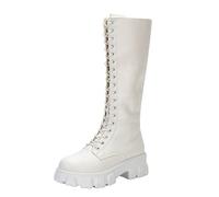 Bottes en caoutchouc pour femme - Large pied - Doublées - Tendance - En bois massif - Avec lacets et fermeture éclair latérale - Semelle plateforme tendance, Blanc., 37 EU