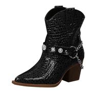 Bottes en cuir à talons pour femme - Grande taille - Boucle de ceinture pointue épaisse avec bottes en caoutchouc pour femme, Noir , 39 EU