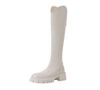 Bottes en cuir pour femme - Bottes à lacets - Talon bloc - Semelle profilée - Bottes plates antidérapantes - En cuir synthétique - Bottes longues - Bottes d'hiver élégantes et confortables, Blanc., 37