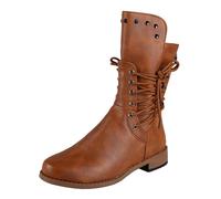 Bottes en cuir pour femme - Bottes mollets à lacets pour femme avec fermeture éclair dans le dos - Bottes mi-mollets - Bout rond - Bottes à rivets - Talon bloc bas - Bottes de motard en cuir - Bottes