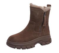 Bottes en cuir pour femme - Talon bloc d'hiver doublé printemps et automne - Mode épaisse - Velours - Fermeture éclair - Tube central - Antidérapant - Chaussures en coton épais, kaki, 39 EU