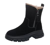 Bottes en cuir pour femme - Talon bloc d'hiver doublé printemps et automne - Mode épaisse - Velours - Fermeture éclair - Tube central - Antidérapant - Chaussures en coton épais, Noir , 39 EU