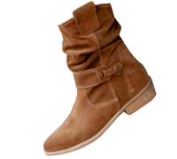 Bottes en daim à enfiler à bout pointu à talon bas pour femme | Confortables Bottes à boucle mi-mollet avec bout pointu à talon bas Bottes de marche confortables Bottes chaudes d'hiver Bottes de