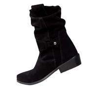 Bottes en daim à enfiler à bout pointu à talon bas pour femme | Confortables Bottes à boucle mi-mollet avec bout pointu à talon bas Bottes de marche confortables Bottes chaudes d'hiver Bottes de
