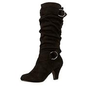 Bottes en daim confortables pour femme avec boucle de ceinture à enfiler et talon moyen, légères, décontractées, coupe large, bottes de marche en plein air, Noir , 40.5 EU