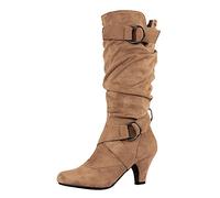 Bottes en daim confortables pour femme avec boucle de ceinture à enfiler et talon moyen, légères, décontractées, coupe large, bottes de marche en plein air, jaune, 36 EU
