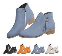 Bottes en daim pour femme, bottines à talon bas, bottines courtes décontractées, confortables à enfiler avec talon bloc, fermeture éclair latérale, bottines de style western imperméables, bleu, 38 2/3