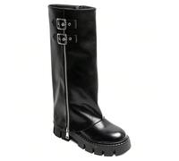 Bottes et hautes noires avec semelle crantée, décorées de deux boucles argentées et d'un zip latéral moderne. Adoptez un style qui s'affirme avec ces bottes hautes noires en similicuir. Leur design se