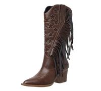 Bottes étoile pour femme | Bottes de cowboy à pompons pour femme | Bottes basses à bout pointu | Bottes rétro à franges | Bottines mi-mollet sous le genou | Bottines de cowgirl mi-longues | Bottines