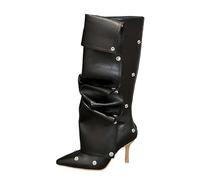Bottes Femme Bottines Mi-Mollet Western Cowboy Boucle Double Usage Talon Fin Chaussures Mode Plissées Automne Hiver