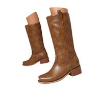 Bottes Femme Hautes en Cuir - Cowboy Classique pour Hiver, Chaudes et Confortables, Bout Carré Talon Bloc, Fermeture Éclair Latérale, Idéales pour Vie Quotidienne, Sorties Fashion et Tenues Stylées