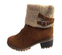 Bottes Femme Hiver Fourrées Talon Bloc Bout Rond | Bottes Neige Chaudes Avec Boucle Décorative Semelle Confortable Pour Froid Et Extérieur
