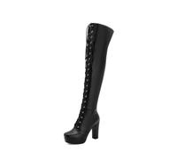 Bottes Femme Lacées Au-Dessus du Genou Talons Hauts Épais Plateforme Bout Carré Dessus en Cuir PU Durable À Enfiler Chaussures Habillées Soirée,Noir,38 EU