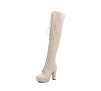 Bottes Femme Lacées Au-Dessus du Genou Talons Hauts Épais Plateforme Bout Carré Dessus en Cuir PU Durable À Enfiler Chaussures Habillées Soirée,Beige,36 EU