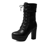 Bottes Femme Lolita À Semelle Épaisse Talon Haut Volants Lacets Fermeture Latérale Talon Large Mode Rétro Douce pour Streetwear Et Quotidien,Noir,44 EU