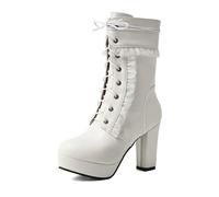 Bottes Femme Lolita À Semelle Épaisse Talon Haut Volants Lacets Fermeture Latérale Talon Large Mode Rétro Douce pour Streetwear Et Quotidien,Blanc,38 EU