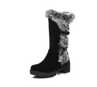 Bottes Femme Mi-Mollet Bordées Fourrure Bout Rond Talons Carrés Boucle Tige Daim Durable Confortables Enfilables Chaussures Hiver,Noir,40 EU