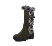 Bottes Femme Mi-Mollet Bordées Fourrure Bout Rond Talons Carrés Boucle Tige Daim Durable Confortables Enfilables Chaussures Hiver,Vert,36 EU