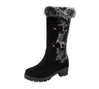 Bottes Femme Mi Mollet Chaudes Hiver Cuir Suédé Talon Large Boucle Mode Confortable Neige Automne Épais Fourrure Doublure Design (Black, 38)