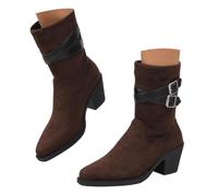 Bottes Femme Mi-Mollet Effet Daim Double Boucles Talon Bloc Bout Amande | Doubles brides à boucles, talon bloc stable, effet daim doux; style vintage moderne avec jupe midi ou jean slim, chic urbain