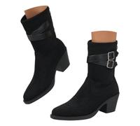 Bottes Femme Mi-Mollet Effet Daim Double Boucles Talon Bloc Bout Amande | Doubles brides à boucles, talon bloc stable, effet daim doux; style vintage moderne avec jupe midi ou jean slim, chic urbain