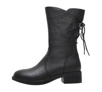 Bottes Femme Rétro En Cuir Souple Talon Bloc Bout Rond Bottes Mi-mollet de Cowboy Style Western Fermeture Éclair Légères Antidérapant Boots Chaussures Automne Et Hiver 38