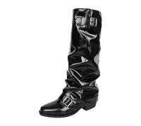 Bottes Femme Vernis Mi-Mollet Boucle Plissées Chaussures Montantes Élégantes Fermeture Décorative Style Chic Hiver