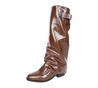 Bottes Femme Vernis Mi-Mollet Boucle Plissées Chaussures Montantes Élégantes Fermeture Décorative Style Chic Hiver