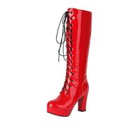 Bottes Femmes grossiers Hautes À Talons à Lacets Femme Boots Imperméables Souple Chevalier Casual Bottillons Femme Chaudes Cuir Verni classiques Travail Femmes Bottes Automne Hiver Mode