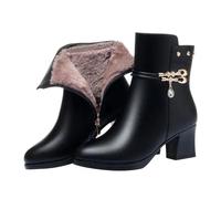 Bottes Fourrées Femme Antiderapante Confort Chic Bottines Femme Cuir Imperméable Snow Boots Hiver Chaudes Bottine Botte Talon Épaisse à Zip Latérale Botte de Neige Mi Haute Bottines Noires Rouge Rétro