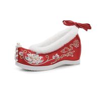 Bottes Hanfu d'hiver Doublées De Peluche, Ornées De Broderies Florales, De Pompons Et De Perles Chaussures De Mariage Traditionnelles Chinoises pour Femmes Shoes Décontractées(Rouge,38 EU)