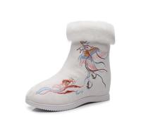 Bottes Hanfu pour Femmes, Doublées De Fourrure Et Brodées De Fleurs Bottes De Neige Chaudes À Talon Compensé Dissimulé Chaussures De Danse Traditionnelles Chinoises(White,37 EU)