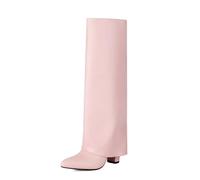 Bottes Haute Genou Bout Pointu Talon Large Tige Pliable pour Style Hiver Élégant Tenues Automne Usage Quotidien Sortie Nuit Marche Voyage,Rose,39 EU