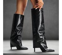 Bottes hautes à bout pointu avec texture de pierre noire et talons hauts fins. Bottes d'équitation sexy au-dessus du genou pour l'ambiance des fêtes de Noël et du Nouvel An, automne et hiver, Saint-Va